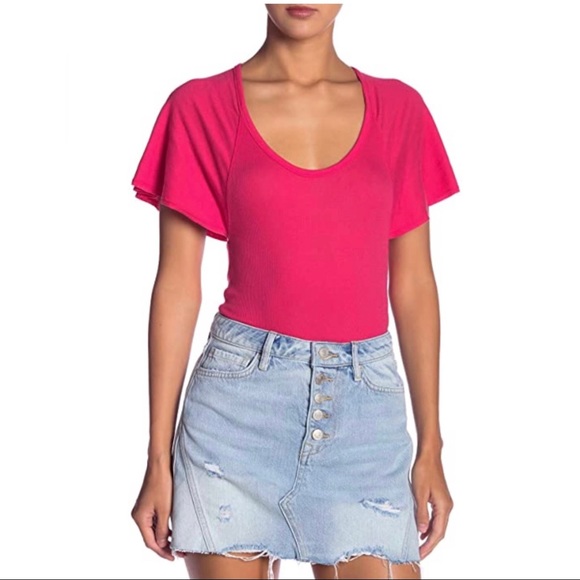 NEW FREE PEOPLE RIBBED FLUTTER SLEEVE BODYSUIT - Picture 9 of 9